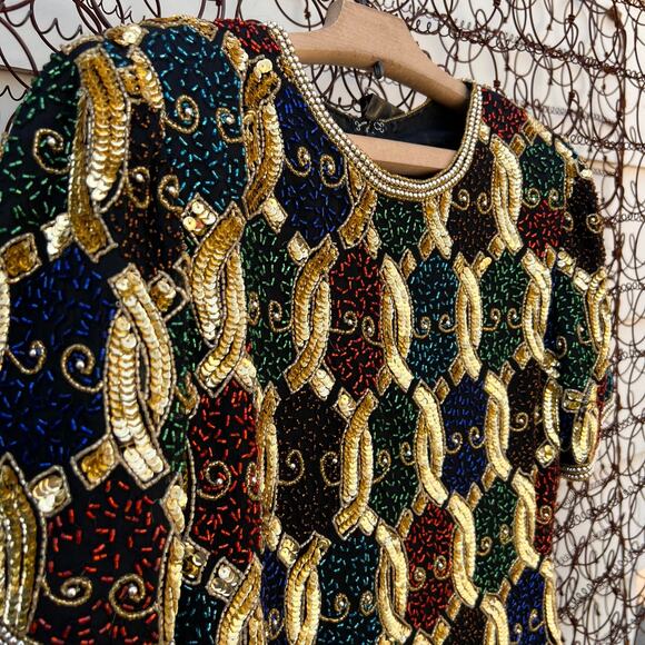 Vintage Laurence Kazar art deco bead sequin silk blouse gold chain pattern - Picture 2 of 10